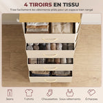 Commode 4 tiroirs en tissu, meuble de rangement avec 4 poches, 2 crochets, structure en acier, 45 x 30 x 94,5 cm, Beige