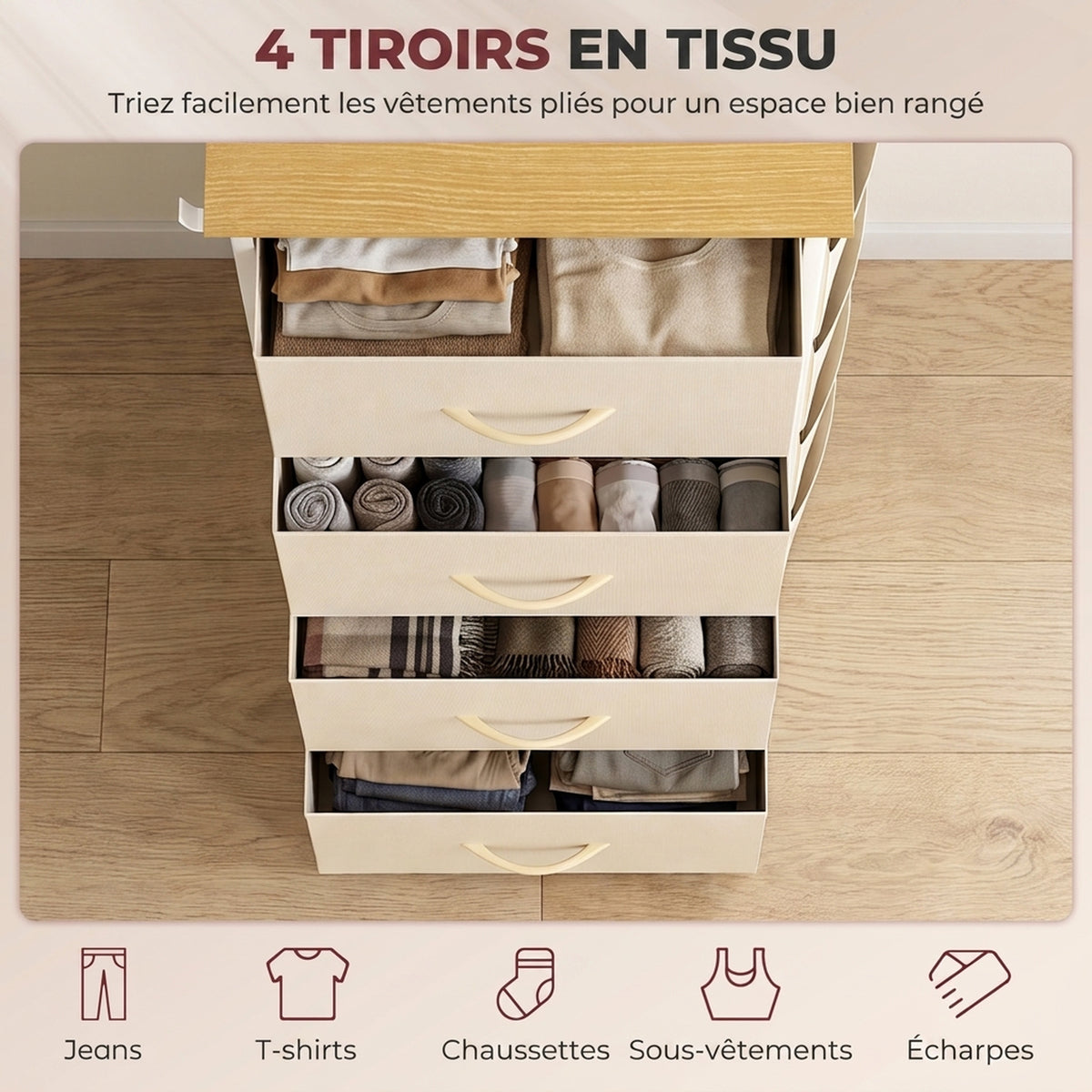 Commode 4 tiroirs en tissu, meuble de rangement avec 4 poches, 2 crochets, structure en acier, 45 x 30 x 94,5 cm, Beige