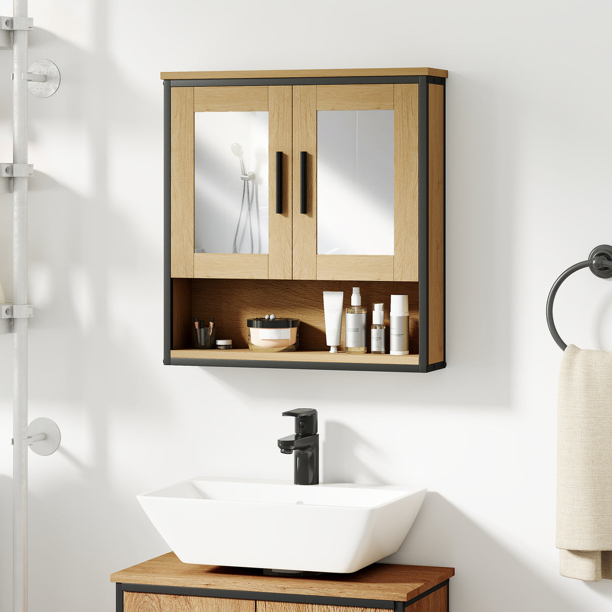 Armoire murale salle de bain avec miroir, meuble salle de bain avec compartiment ouvert et étagère réglable, chêne