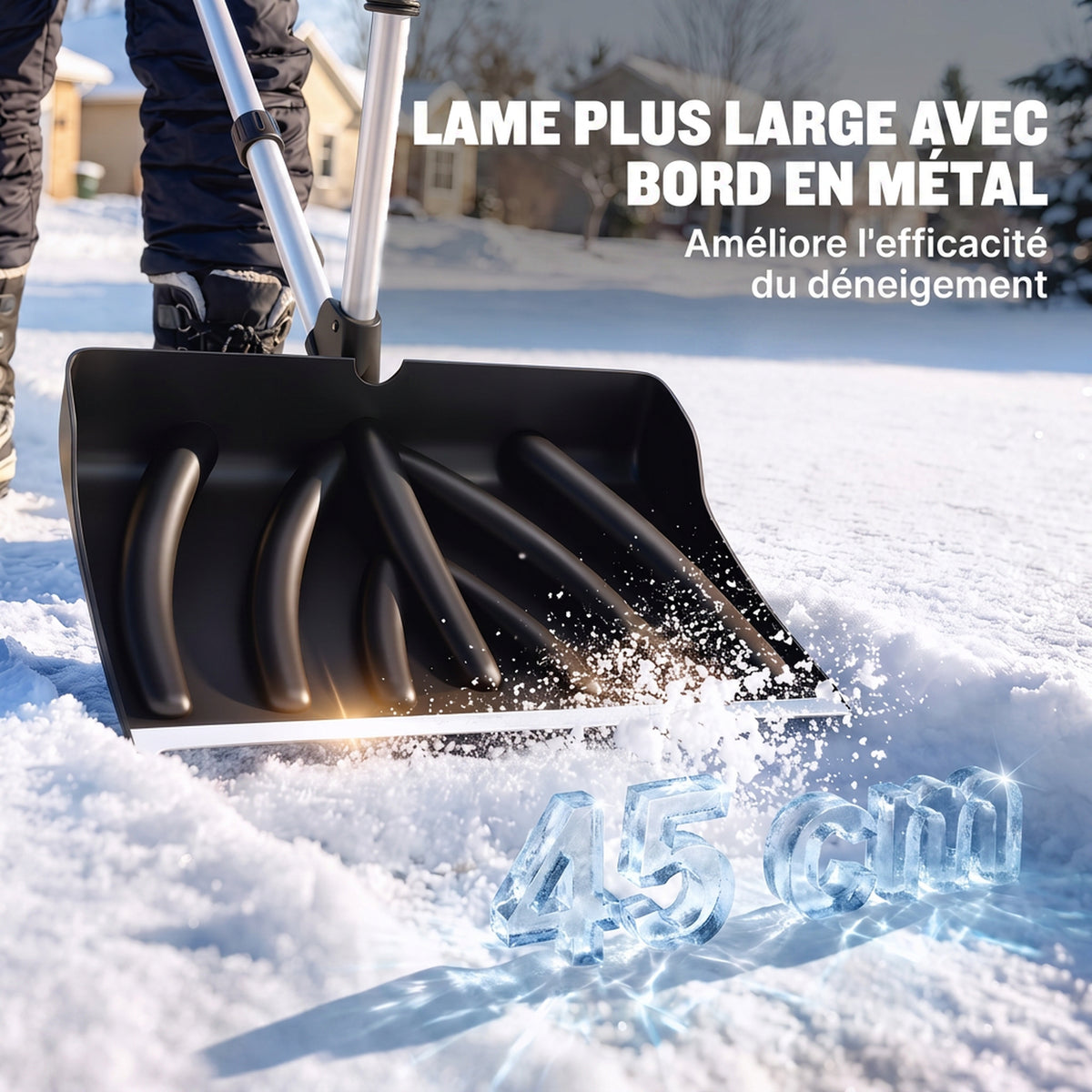 Pelle à Neige Aluminium Portable avec Poignée d'Assistance en D, Lame Large de 45 cm, Manche Amovible, Noir
