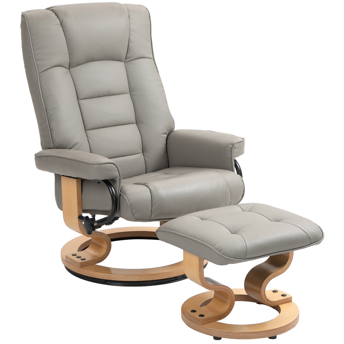 Poltrona relax reclinabile con poggiapiedi, girevole, struttura in legno, rivestimento sintetico grigio