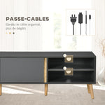 Mueble de TV escandinavo para televisores de hasta 55 pulgadas, 2 puertas, 2 nichos con pasacables, 150 x 35 x 45 cm, gris oscuro