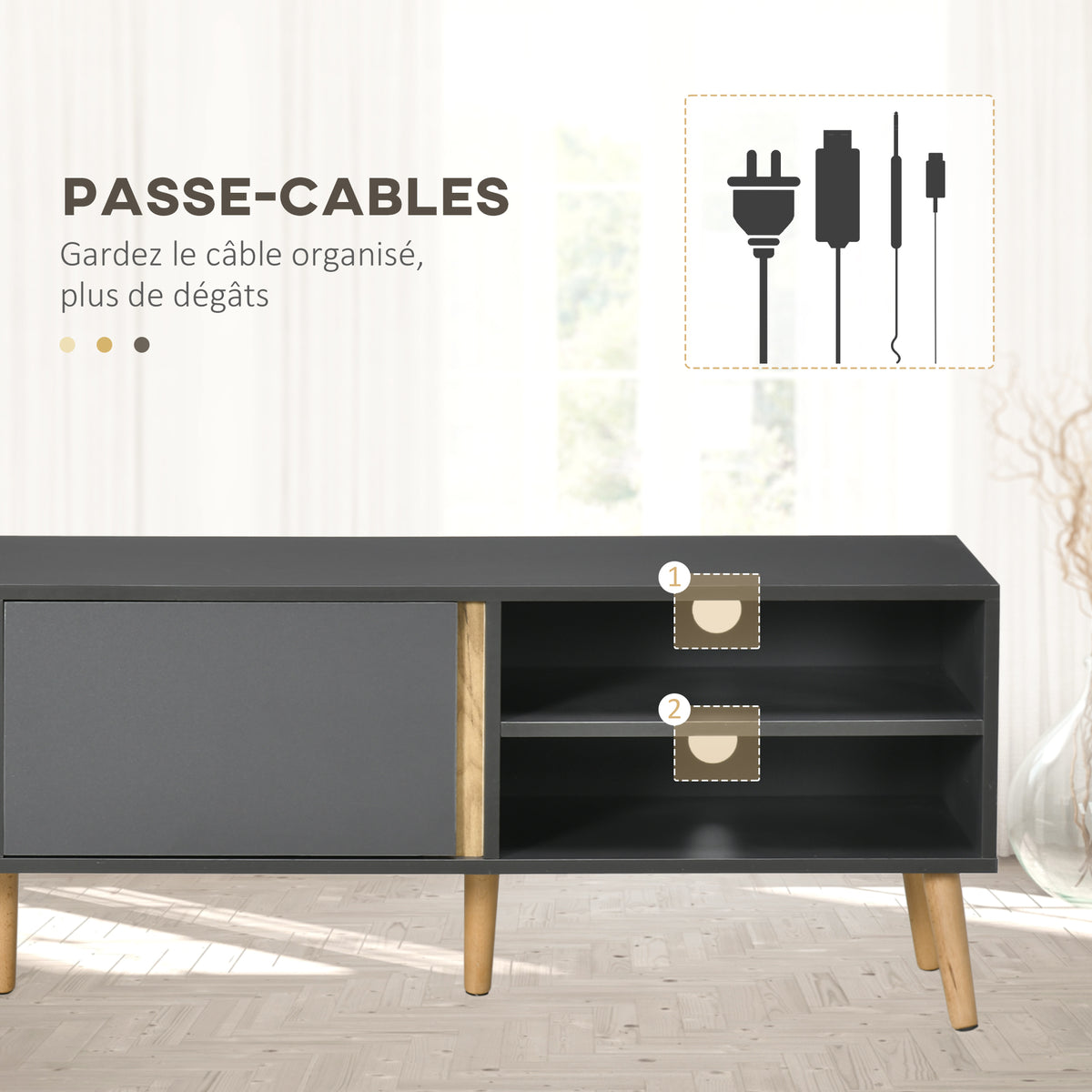 Mueble de TV escandinavo para televisores de hasta 55 pulgadas, 2 puertas, 2 nichos con pasacables, 150 x 35 x 45 cm, gris oscuro