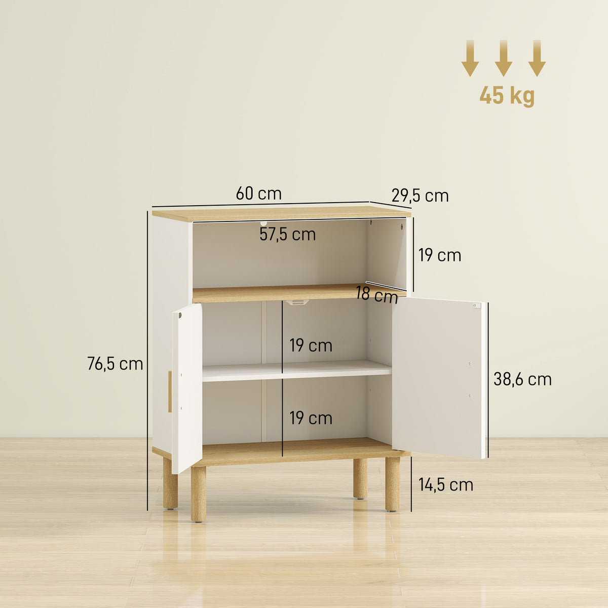 Mueble de baño, mueble de almacenaje con 2 puertas, compartimento abierto, estante ajustable, 60x29,5x76,5 cm, blanco