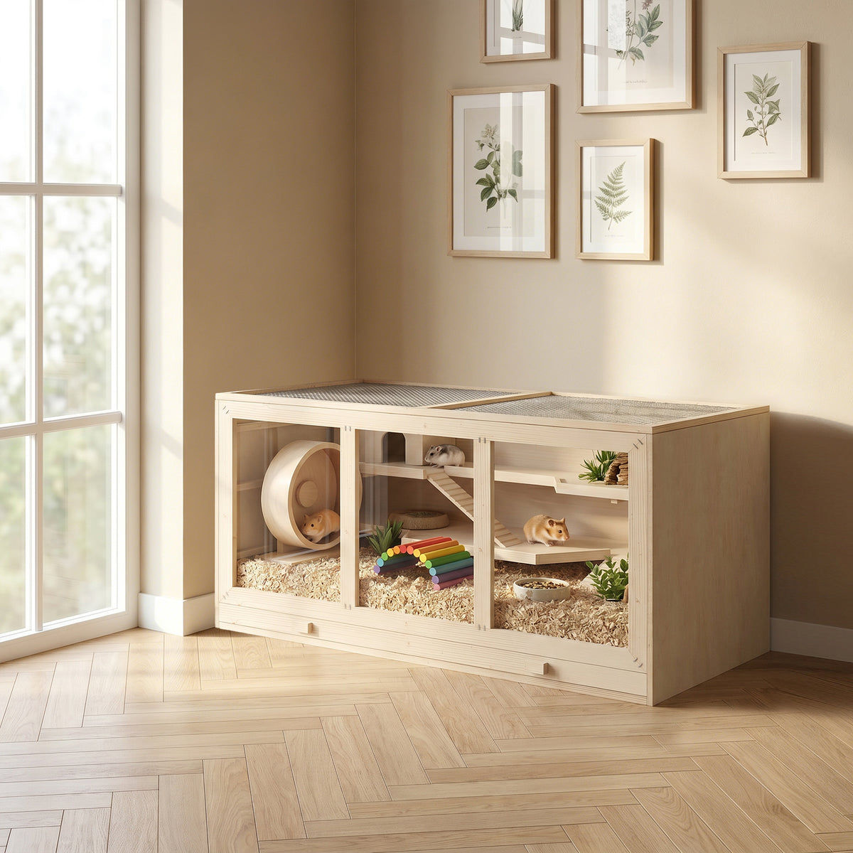 Jaula para hámster y jerbos de 2 niveles con techo abatible, ventanas, caseta y 2 escaleras, 115 x 57 x 55 cm, efecto madera natural