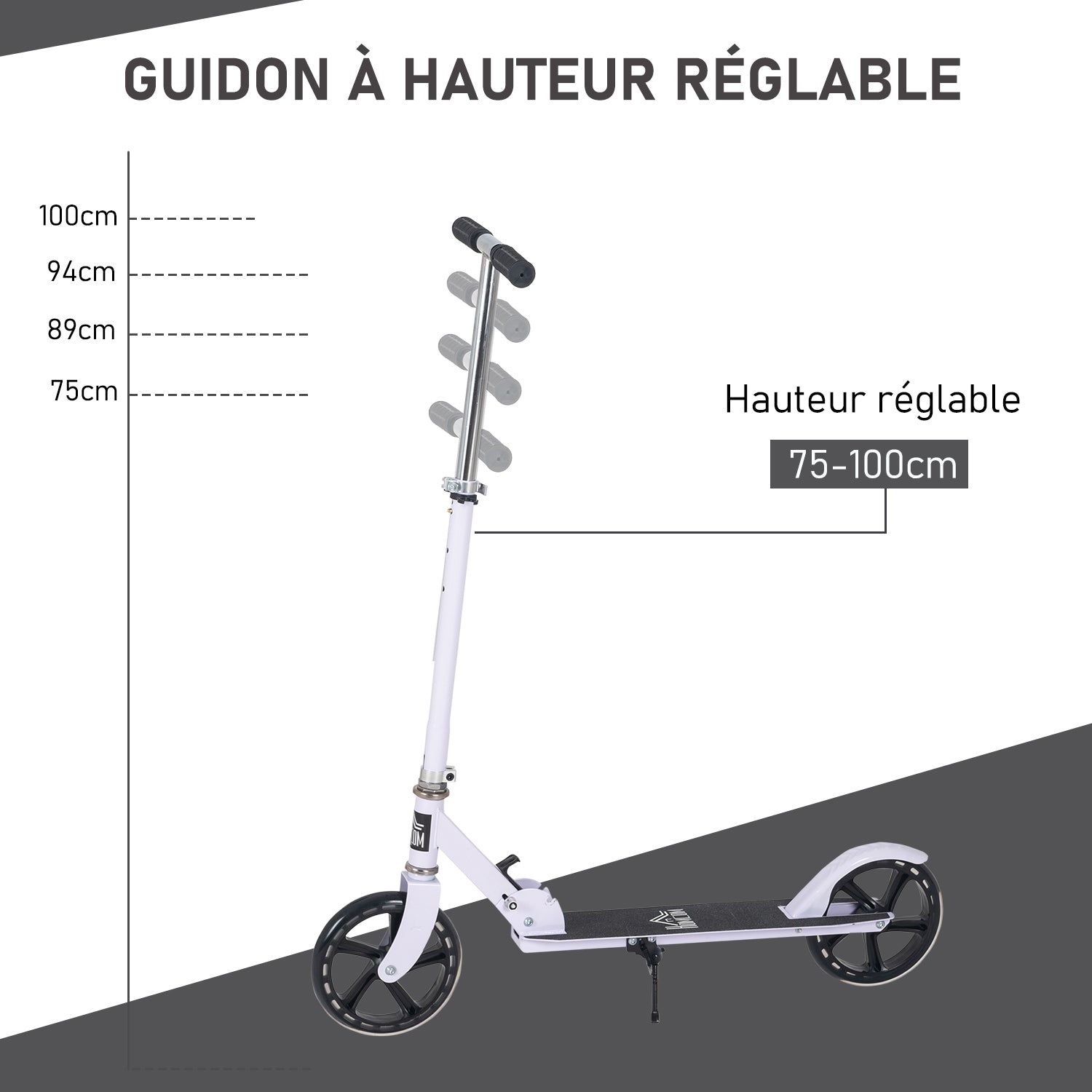 Foldable Scooter, 4-level adjustable handlebar height, rear braking system for kids and teens, max. weight 100kg, dim. 88L x 37W x 75-100H cm, White