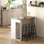 Table de bar, table haute cuisine à 3 niveaux 2 compartiments ouverts, plateau effet bois naturel 113 x 60 x 90 cm blanc