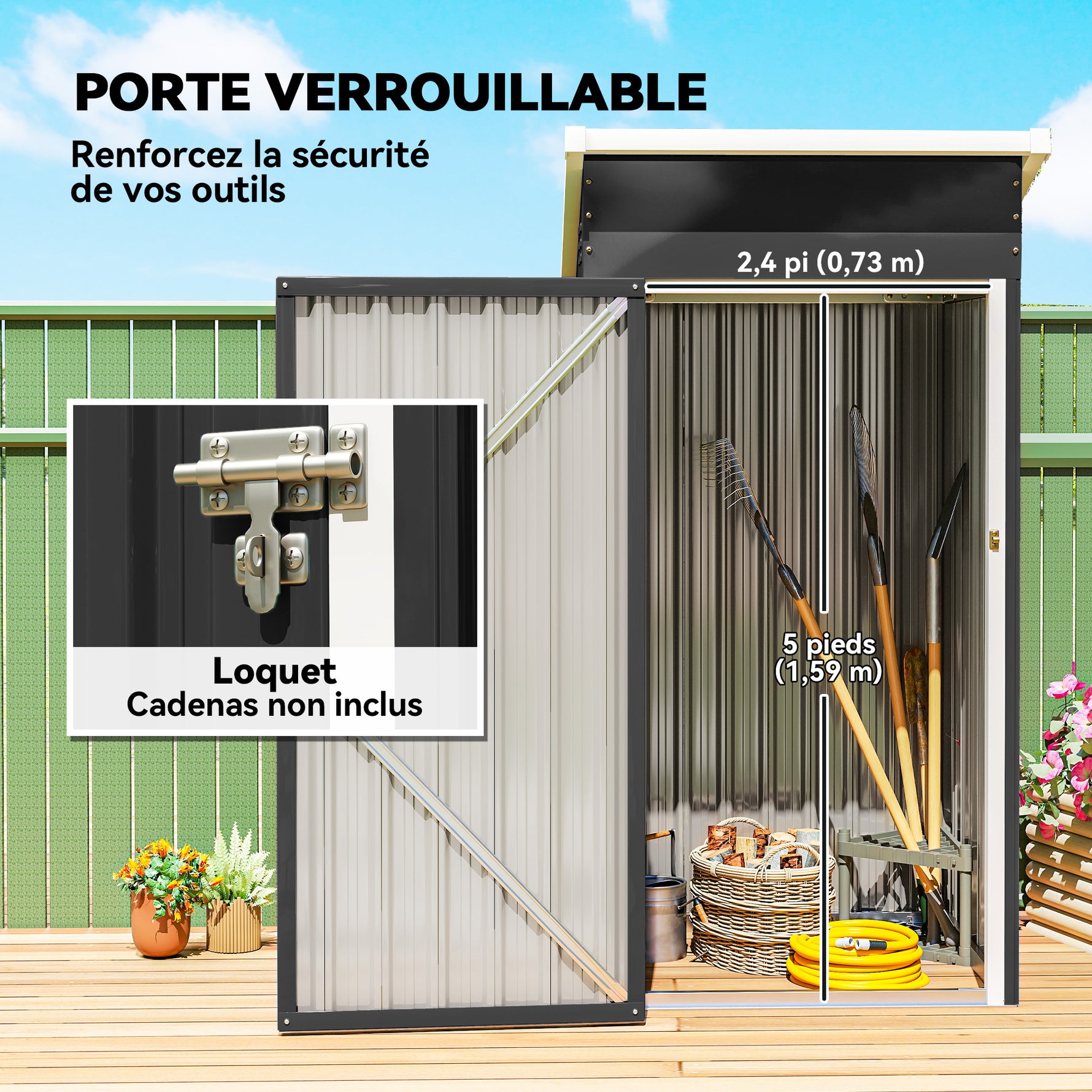 Abri de jardin en métal, cabane de jardin, porte verrouillable, toit incliné, aérations et gants, 107,5x91x185cm, gris