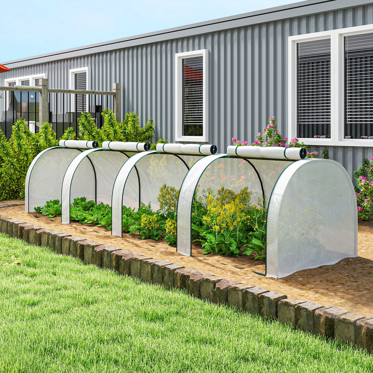 Mini serre de jardin serre à tomates 4 x 1 x 0,80 m acier PE anti-UV 4 portes avec zip enroulables blanc