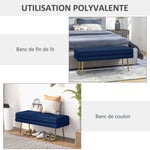 Banc banquette coffre de rangement 2 en 1 assise aspect velours et pieds acier - 100 x 37,5 x 42 cm bleu et doré