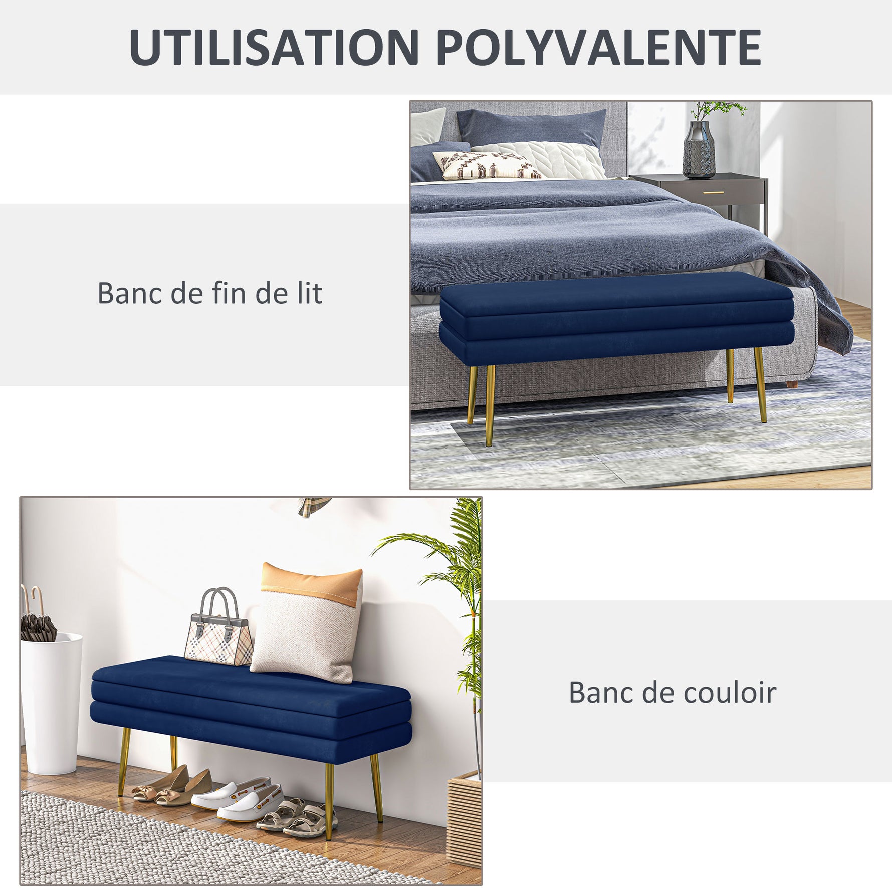 Banc banquette coffre de rangement 2 en 1 assise aspect velours et pieds acier - 100 x 37,5 x 42 cm bleu et doré