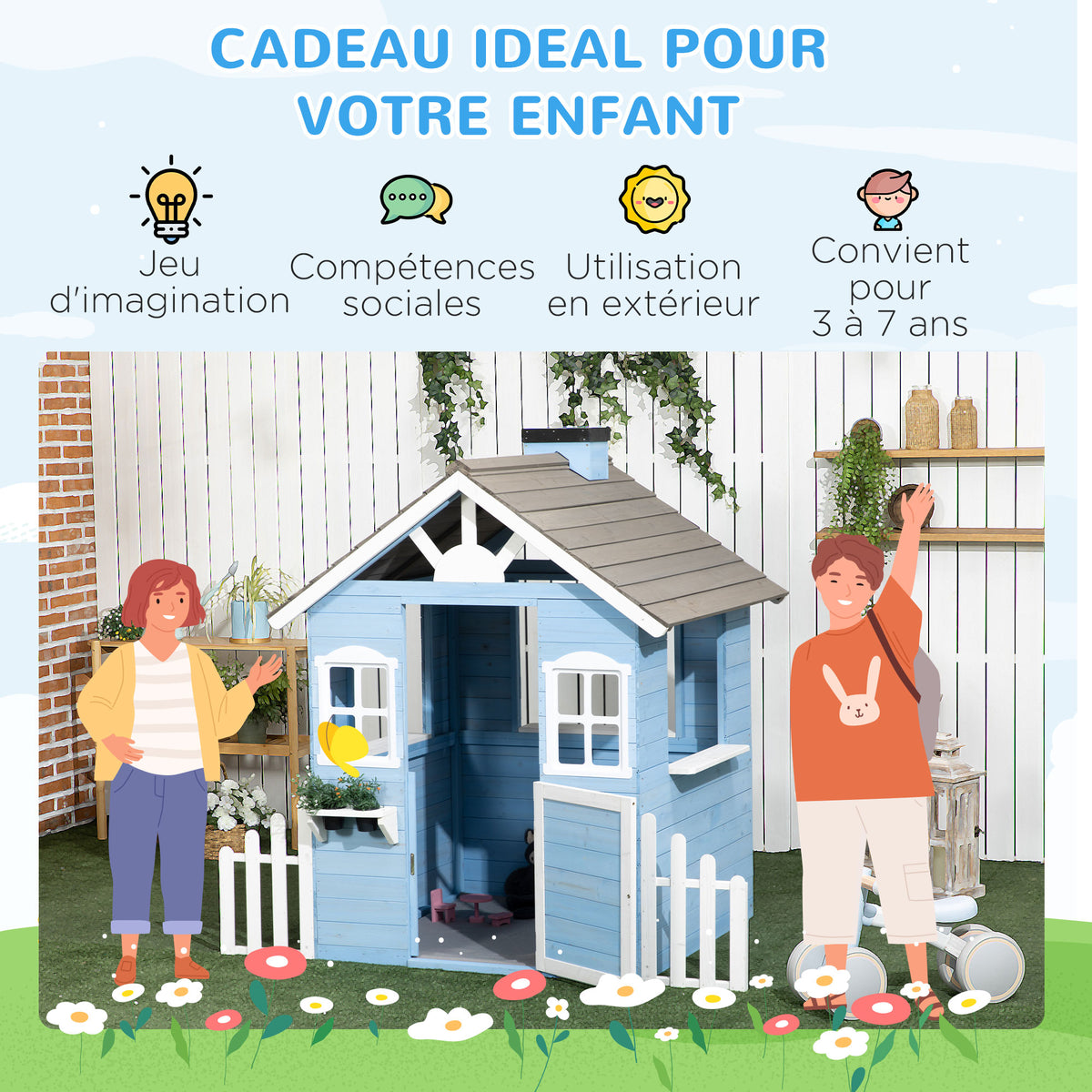 Cabane de jeu pour enfant maison de jardin en bois porte et fenêtres de 3 à 7 ans dim. 151L x 112.5l x 142H cm bleu