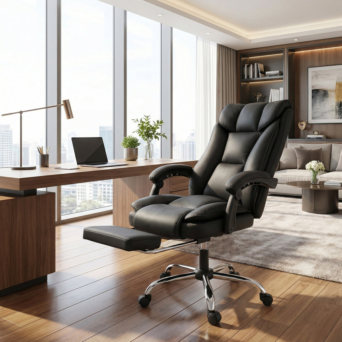 Chaise de bureau ergonomique, fauteuil de bureau inclinable avec repose-pieds, hauteur réglable, pivotante 360°, noir