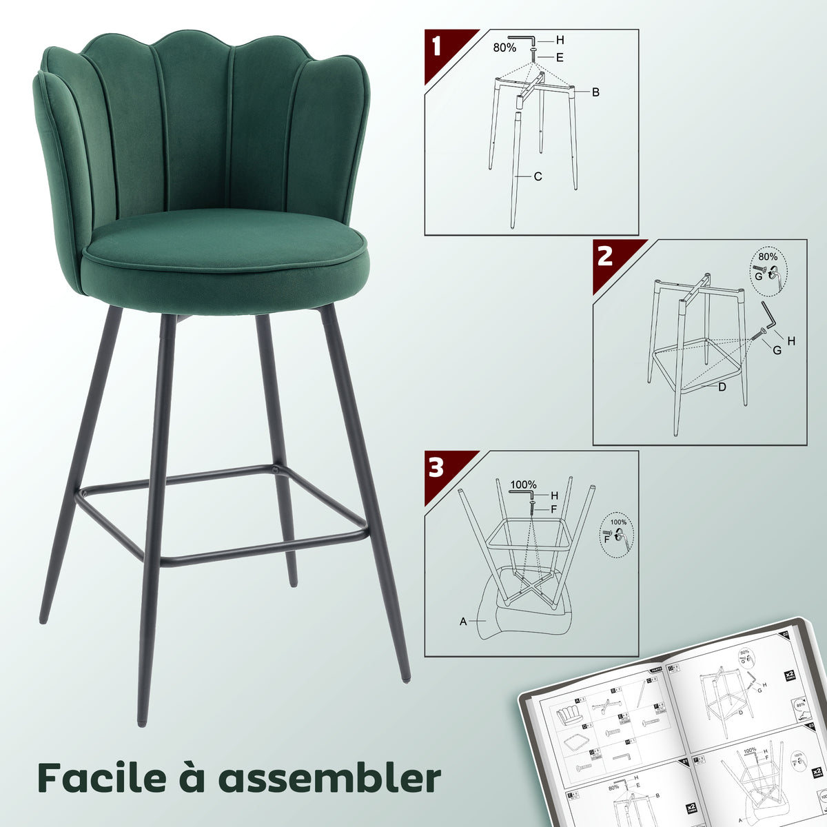 Lot de 2 tabourets de bar, chaises de bar avec dossier et repose-pieds, pieds en acier, 54 x 55 x 97 cm, vert foncé