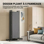 Paravent 5 Panneaux 252x170cm, Paravent Pliant avec 12 Roulettes et Clips de Connexion, Acier et Polyester, Gris Foncé