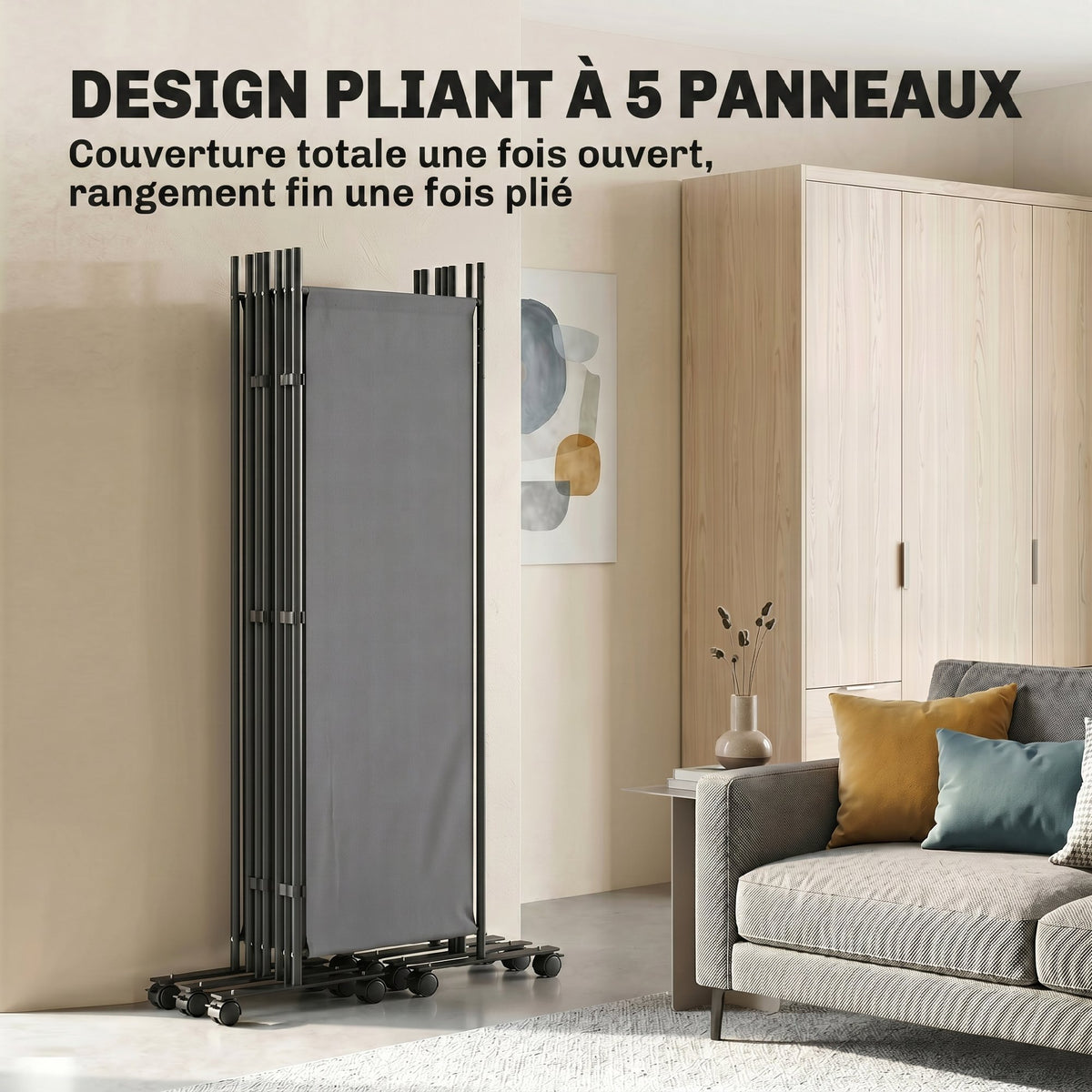 Paravent 5 Panneaux 252x170cm, Paravent Pliant avec 12 Roulettes et Clips de Connexion, Acier et Polyester, Gris Foncé