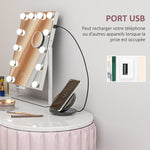 Miroir Hollywood avec LED 12 ampoules, luminosité réglable, rotation à 360°, grossissement 10X, touche tactile, blanc