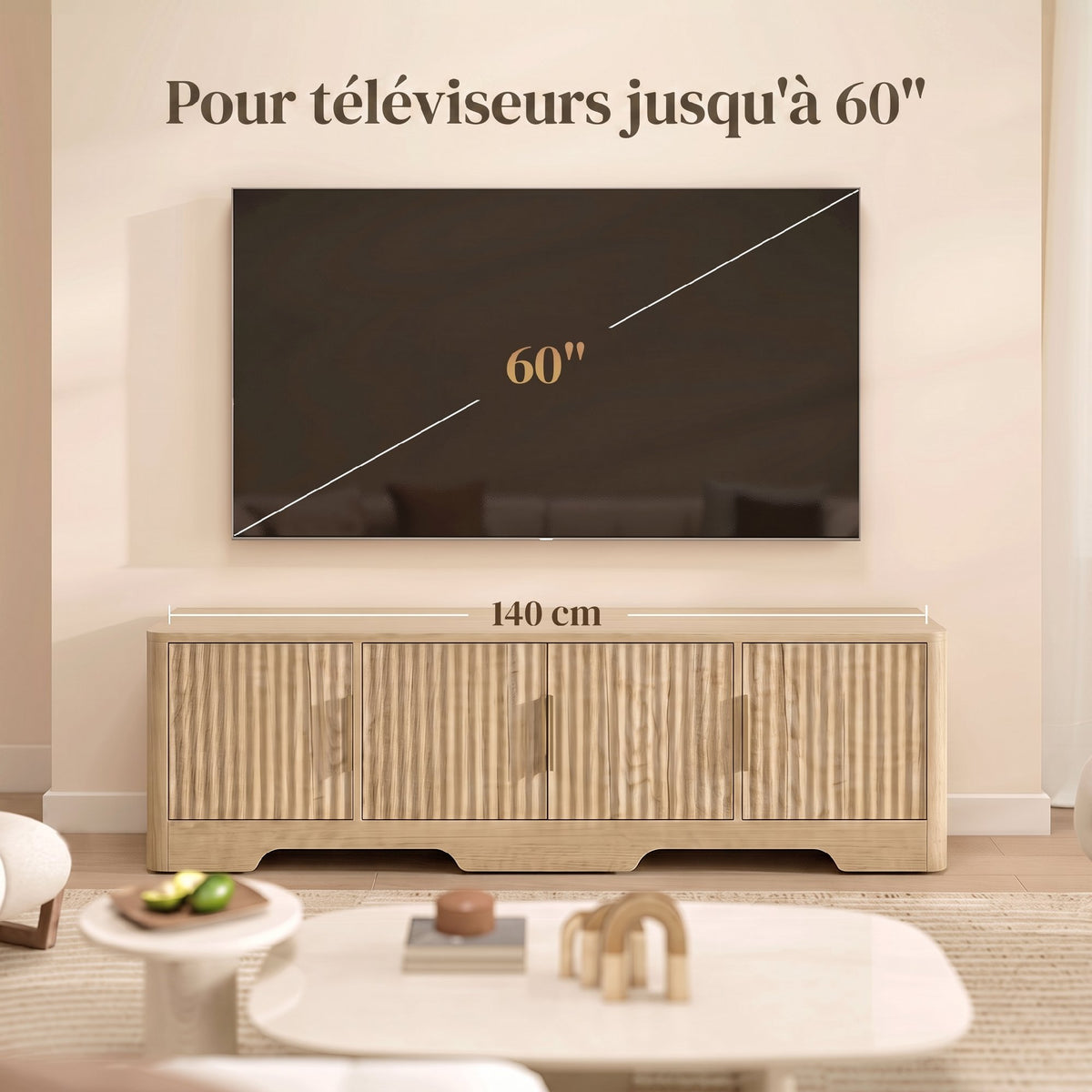 Meuble TV 140 cm, Meuble Télé pour Téléviseur jusqu'à 60 Pouces, 4 Portes Cannelées et Étagères Réglables, Chêne