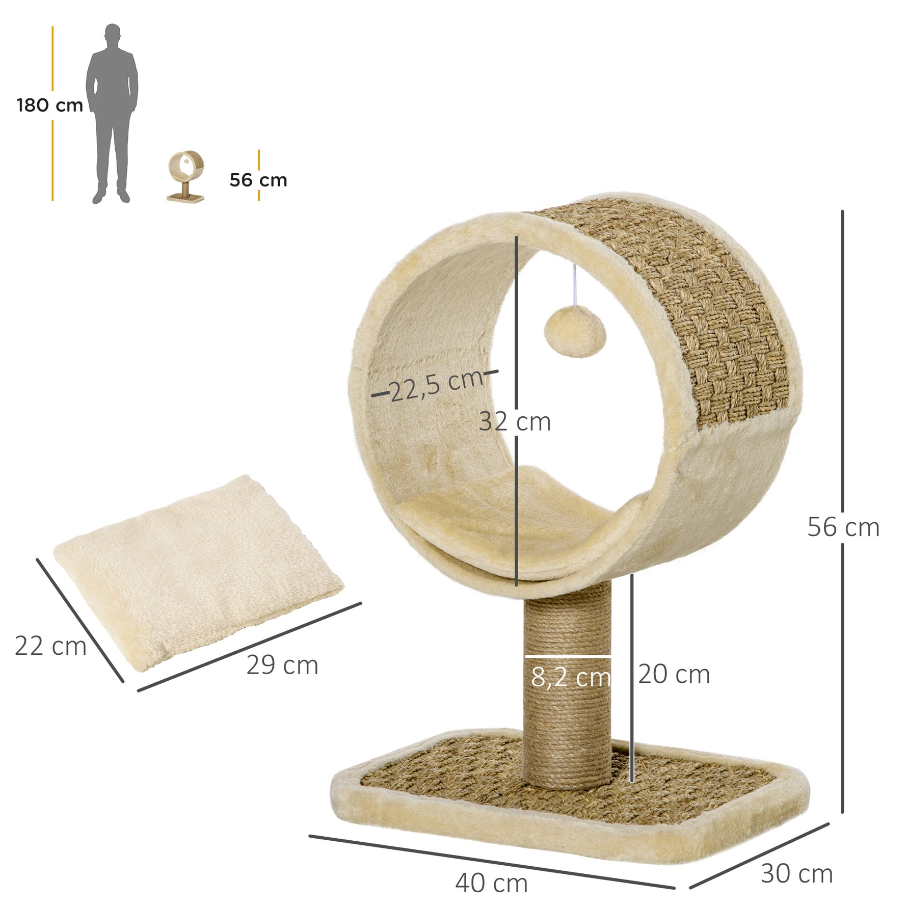 Arbre à chat en cercle avec griffoir en jute et jouet de souris coussin en peluche doux en panneaux de particules 40 x 30 x 56 cm kaki beige café