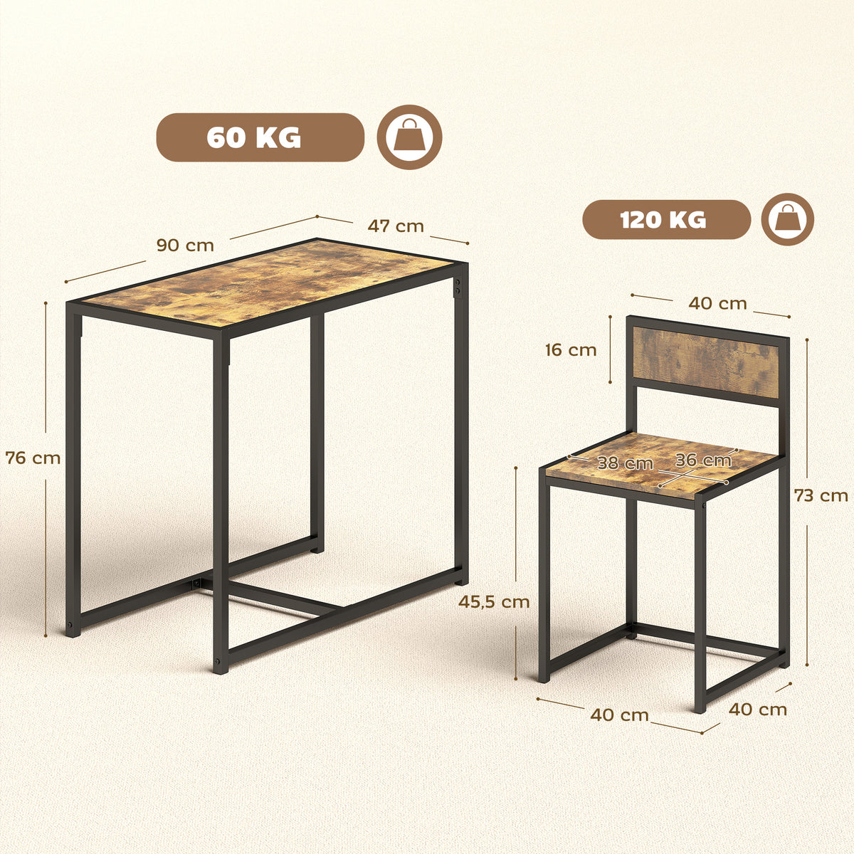 Table and chairs set, 3-piece dining table with 2 nestable chairs, for kitchen living room home, brown