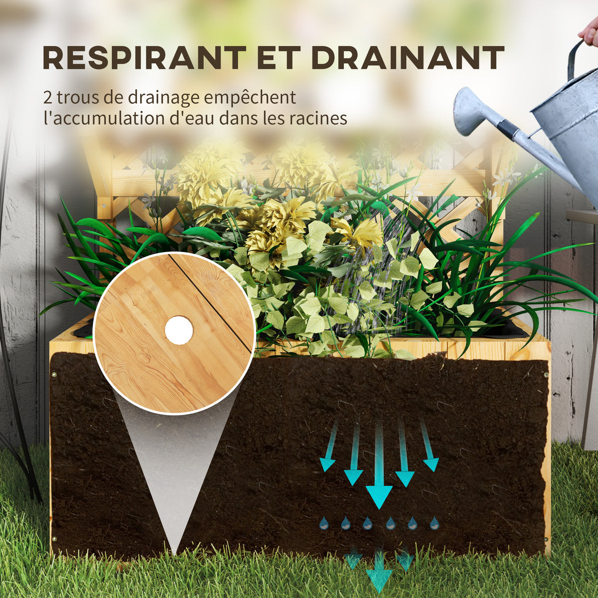Jardinière avec treillis lit surélevé de jardin en bois avec toit suspendu, trous de drainage et doublure, naturel