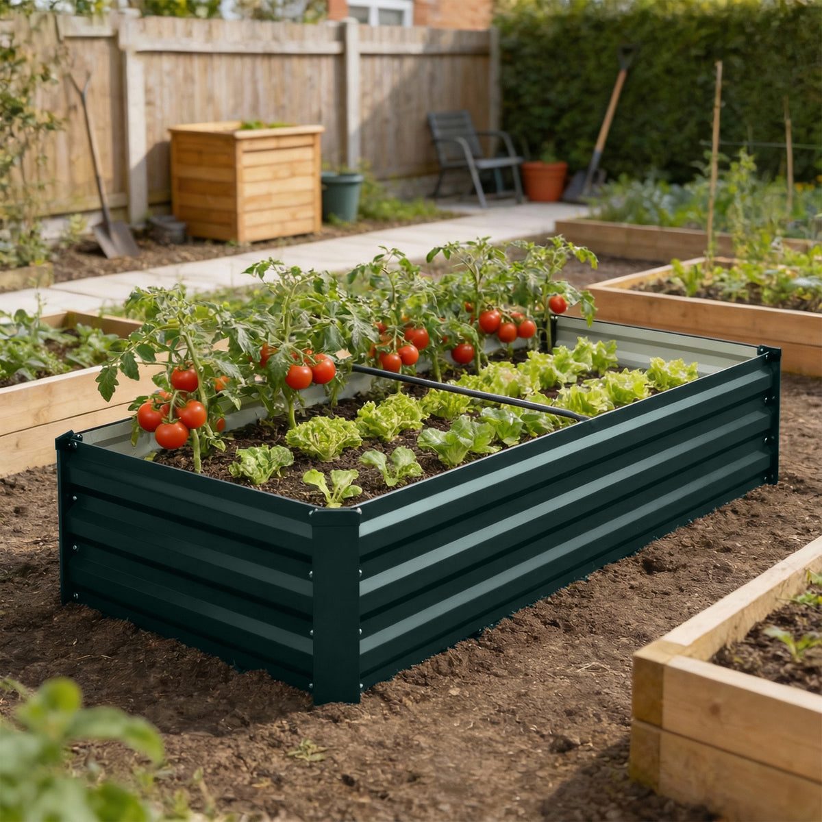 Jardinière rectangulaire potager de jardin en acier galvanisé bordure de sécurité et fond ouvert 150x70x30cm vert