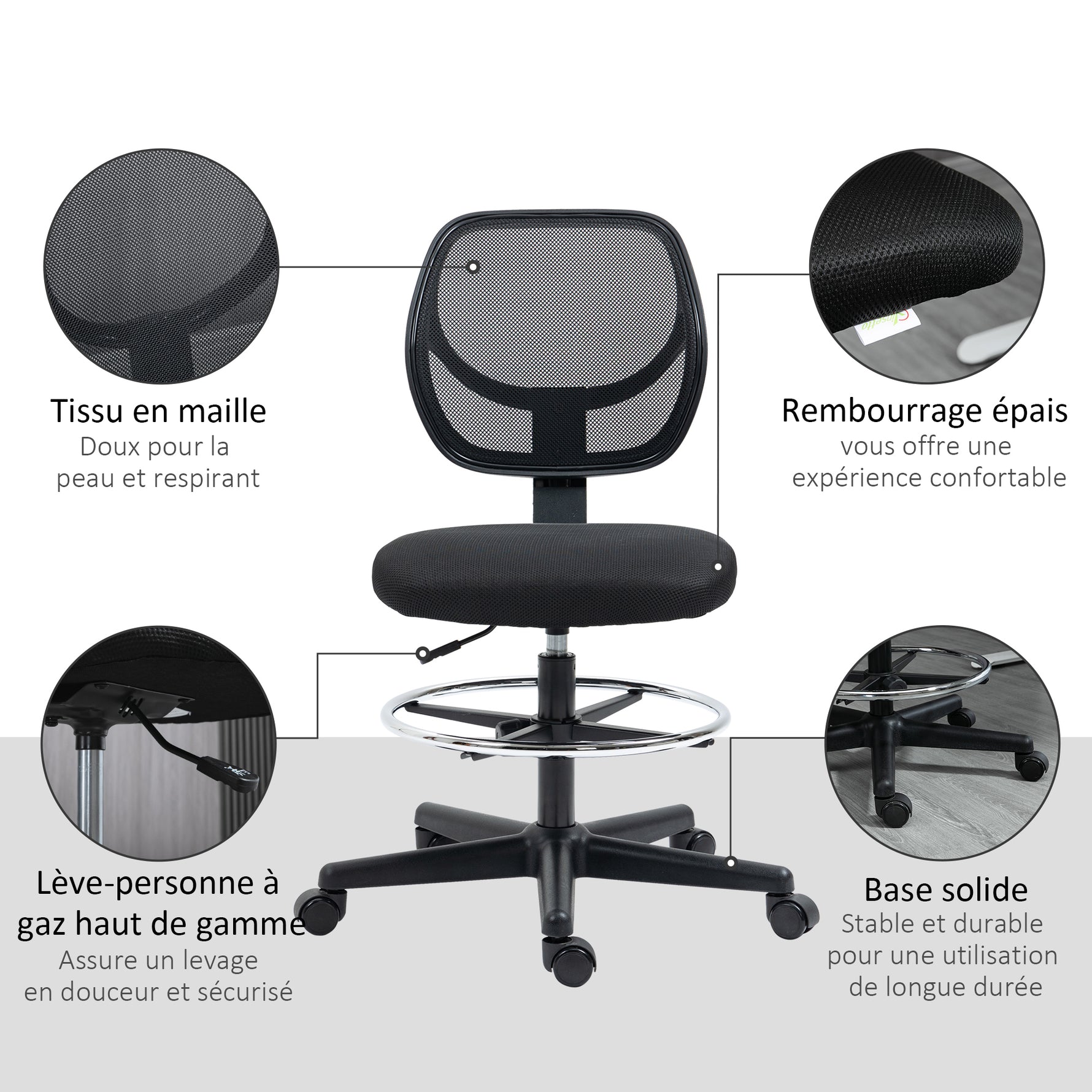 Chaise de bureau assise haute en maille hauteur réglable 50-70 cm avec repose-pied pivotant 360° noir