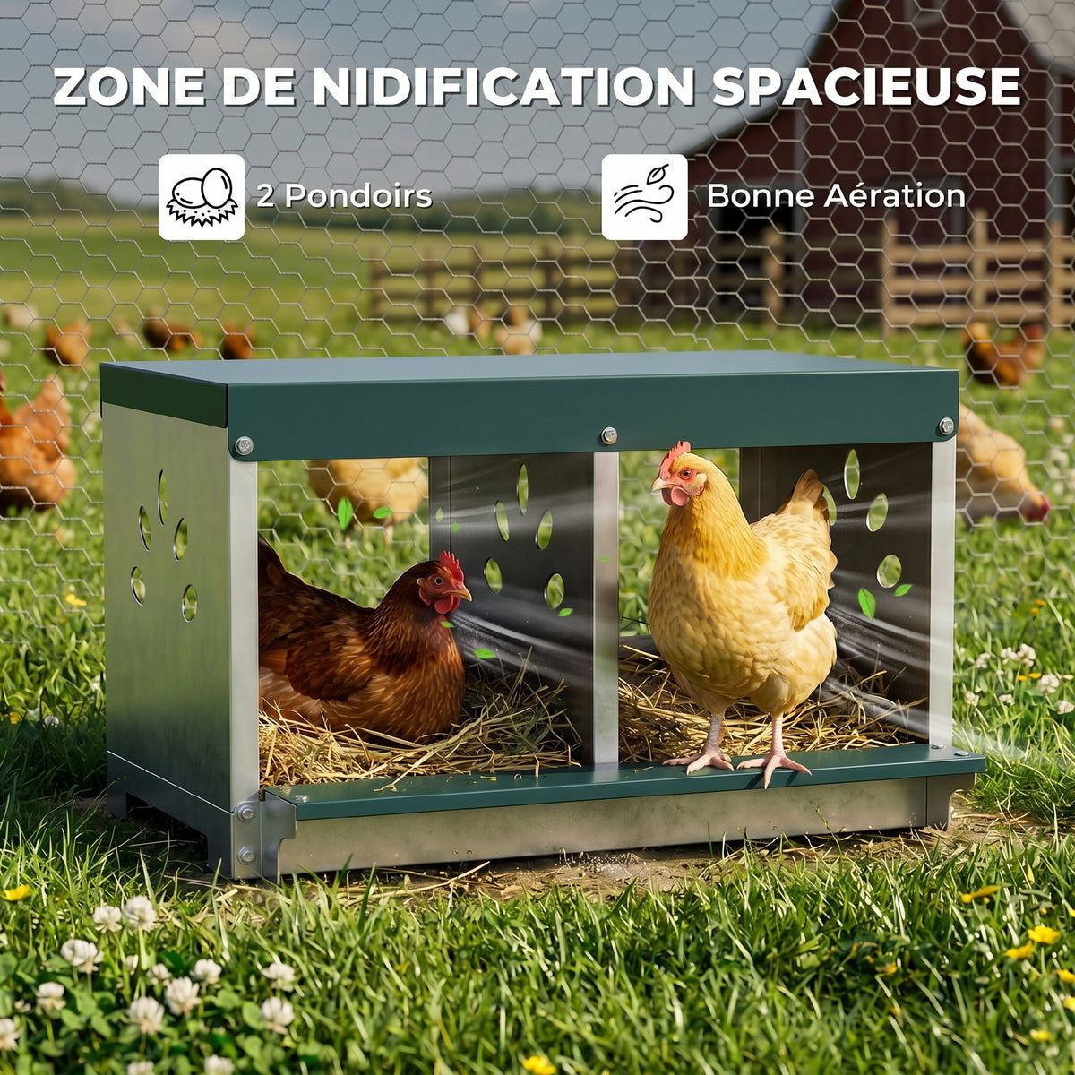 Pondoir à Poules 2 Emplacements, Imperméable, Trous d'Aération, Facile à Nettoyer, 54,5x42,5x35,5cm, Acier, Argent