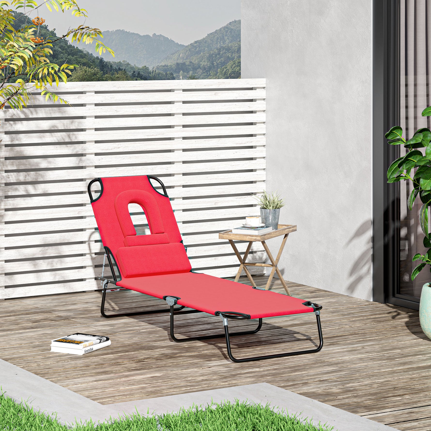 Bain de Soleil Pliable transat inclinable 4 Positions Chaise Longue 3 Coussins fournis Rouge