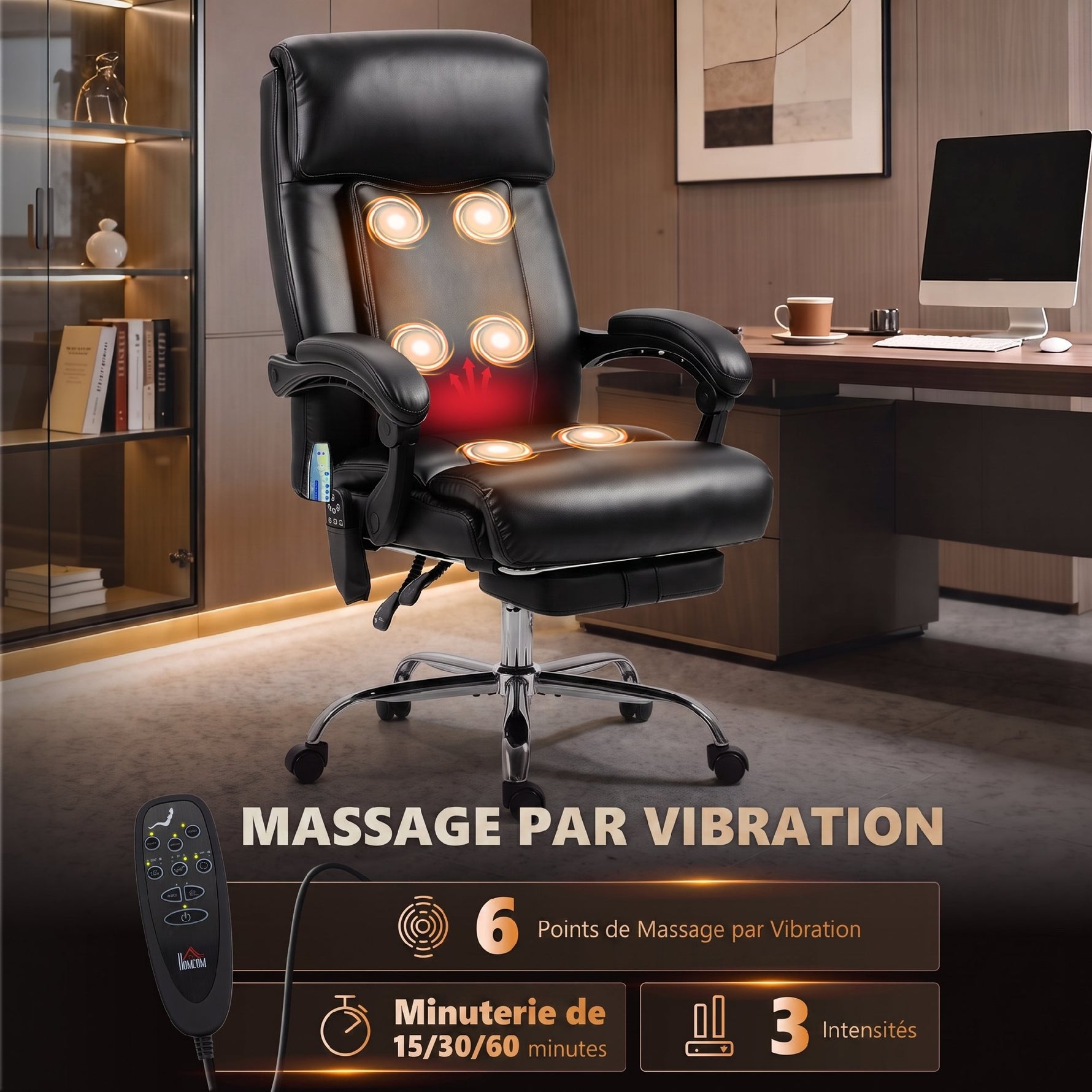Fauteuil de Bureau Massant Vibrant et Chauffant, Chaise Bureau Ergonomique en PU avec Hauteur Réglable, Noir