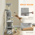 Krabpaal speeltoren voor katten 3 plateaus 2 huisjes 2 manden 2 hangmatten 1 ladder hoogte 177 cm lichtgrijs