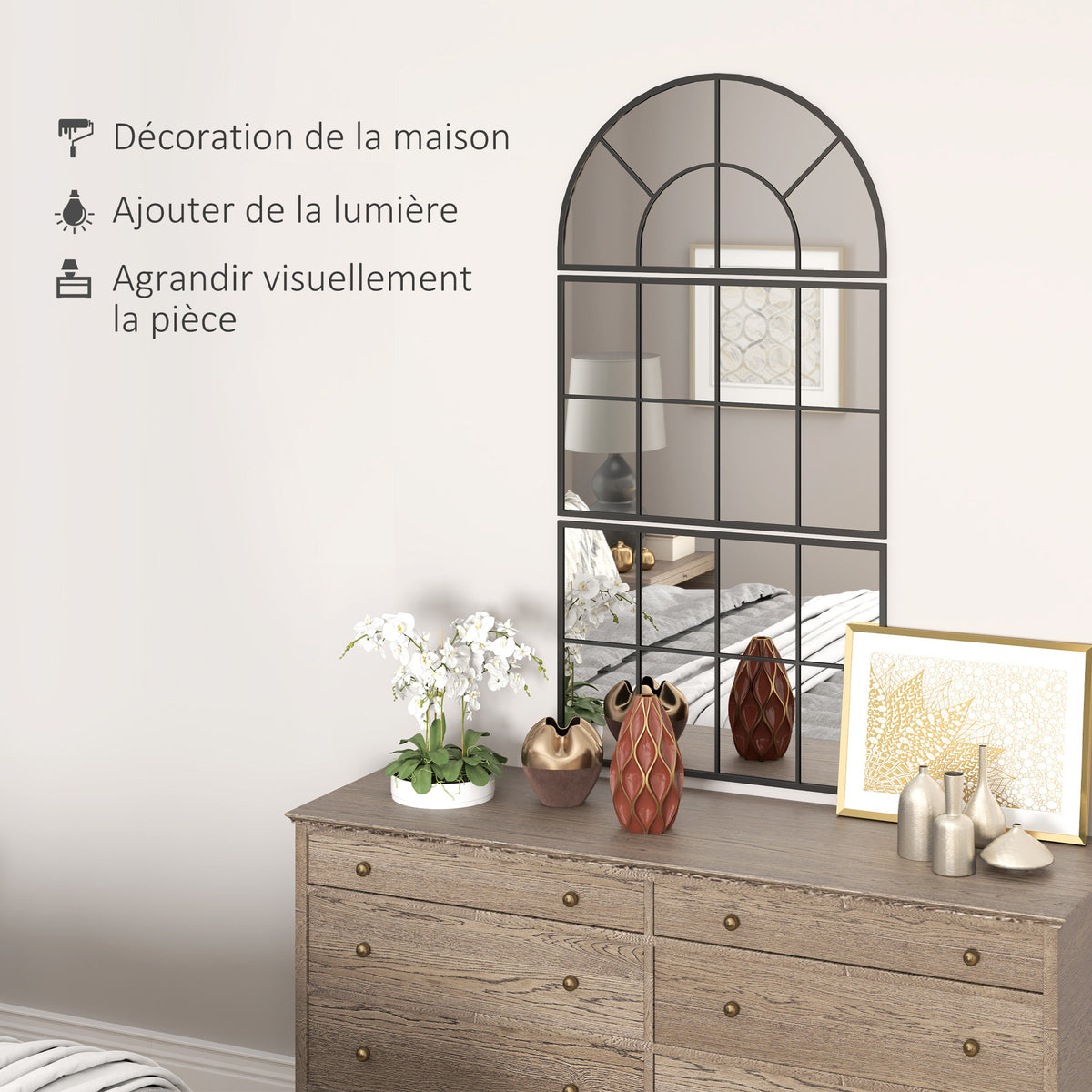 Miroir mural arqué miroir mural en forme de fenêtre ensemble de 3 pièces cadre en métal 76 x 43 cm noir