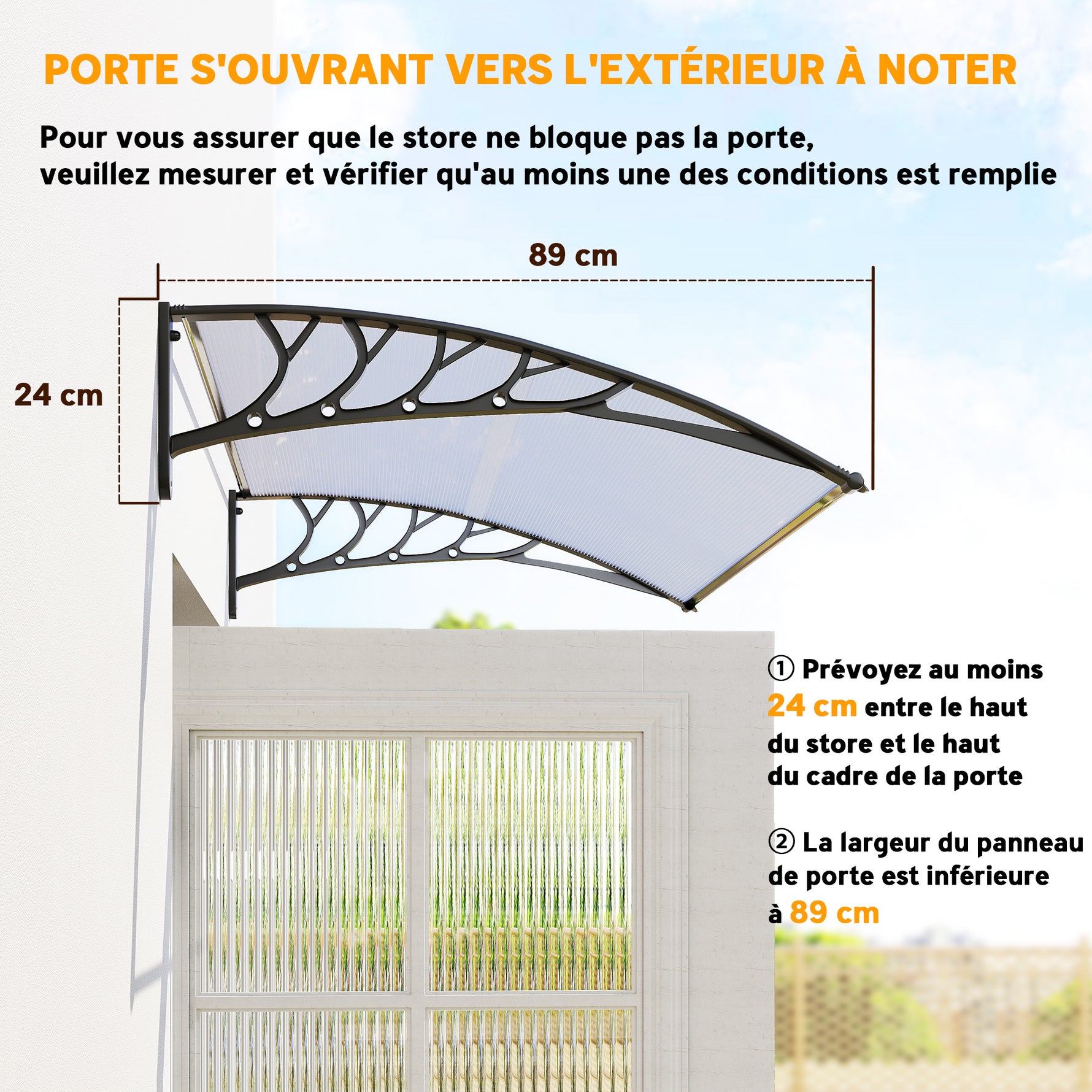 Auvent de porte d'entrée toit marquise en polycarbonate protection contre pluie neige UV 90 x 122 cm, transparente