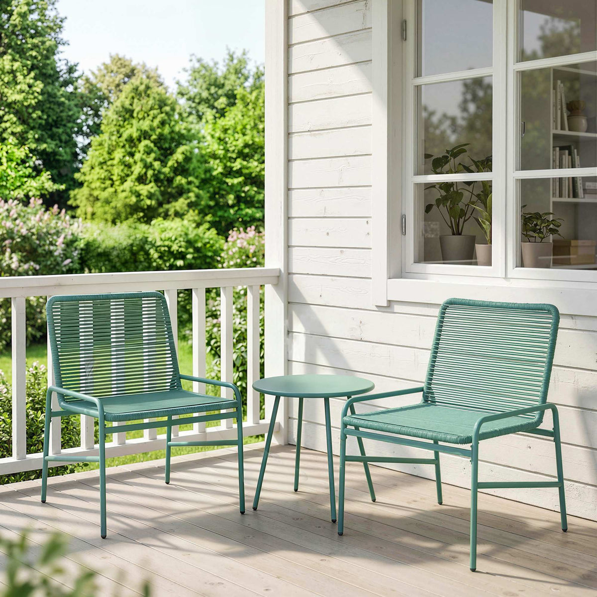 Salon de Jardin Extérieur 3 Pièces en Résine Tressée et Acier, Table de Jardin Ronde avec 2 Chaises, 58x67x75cm, Vert