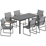 Ensemble de Salle à Manger d'Extérieur 7 Pièces pour 6 Personnes, Table en Verre et Chaises en Maille avec Accoudoirs Décoratifs, Gris