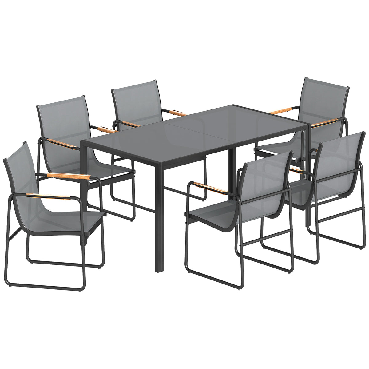 Ensemble de Salle à Manger d'Extérieur 7 Pièces pour 6 Personnes, Table en Verre et Chaises en Maille avec Accoudoirs Décoratifs, Gris