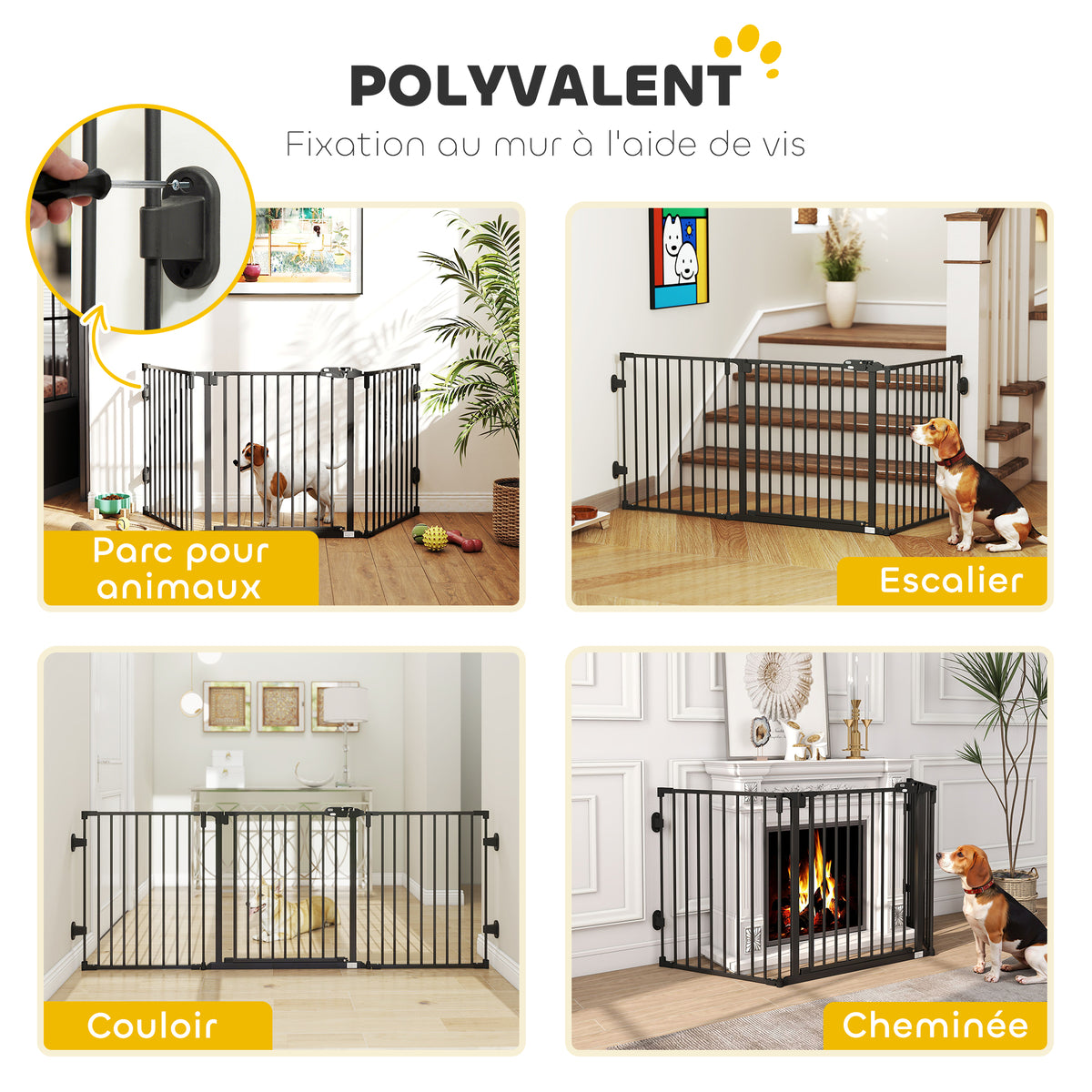 Barriere de securite chien pliable avec porte en acier 3 panneaux modulable fermeture automatique 202,5 x 2 x 76 cm noir