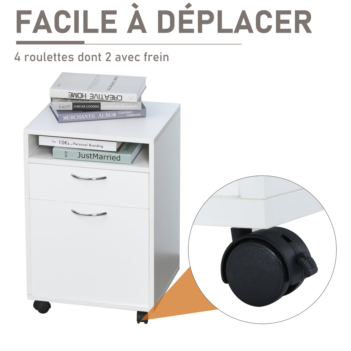 Caisson de bureau rangement bureau sur roulettes tiroir placard niche panneaux particules blanc