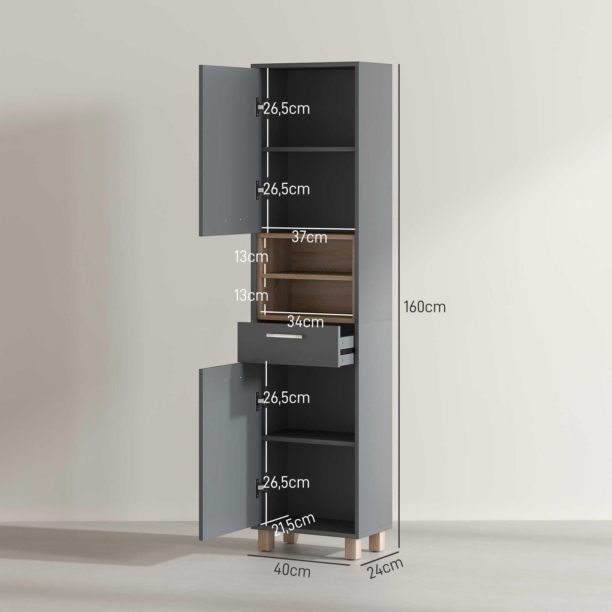 Colonne salle de bain, meuble salle de bain rangement avec 2 placards, tiroir et 2 compartiments ouverts, gris
