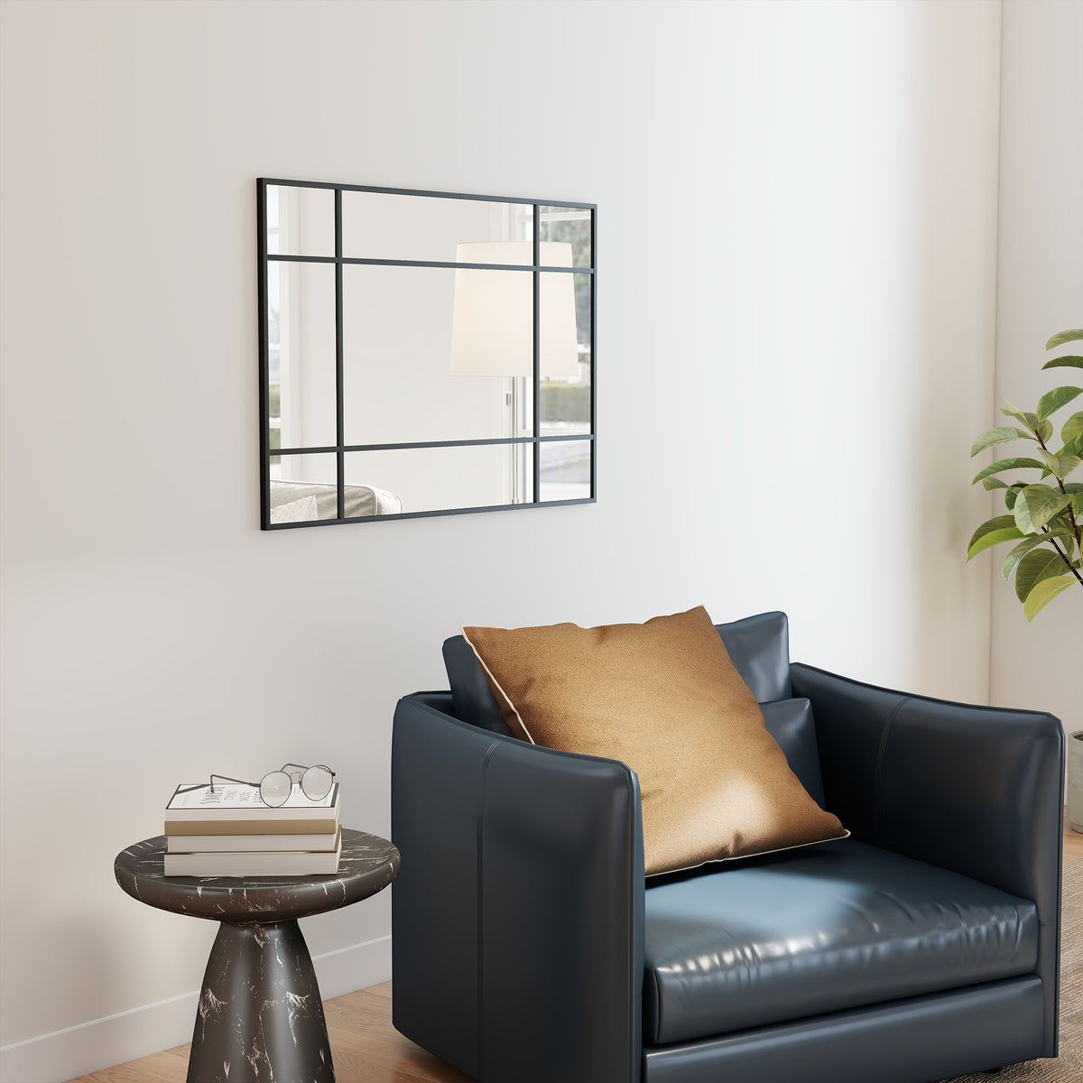 Miroir mural verrière rectangulaire style fenêtre, horizontal ou vertical avec 4 crochets, en métal noir - 90x60 cm