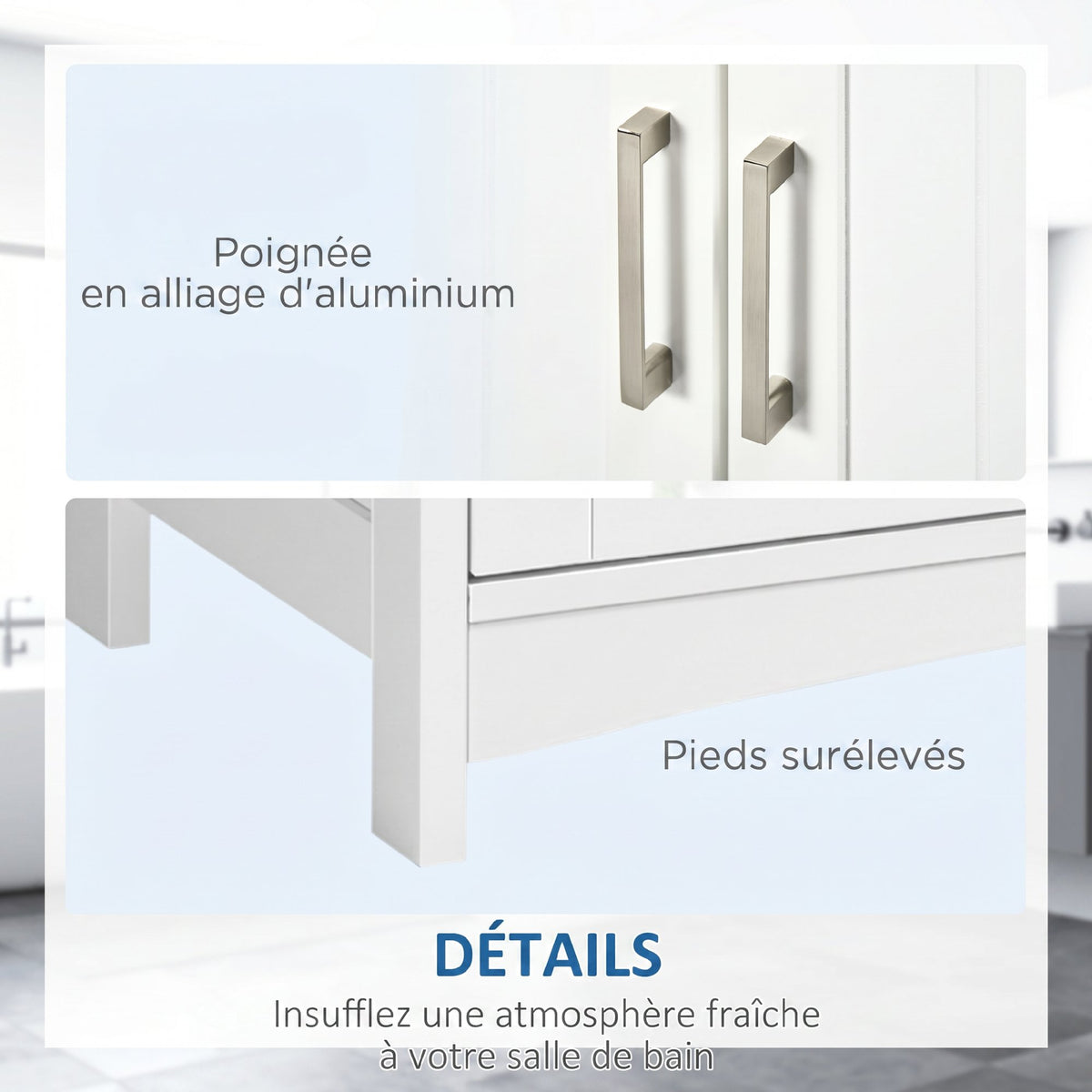 Meuble salle de bain sous lavabo à double portes avec étagères réglables, blanc et bois naturel