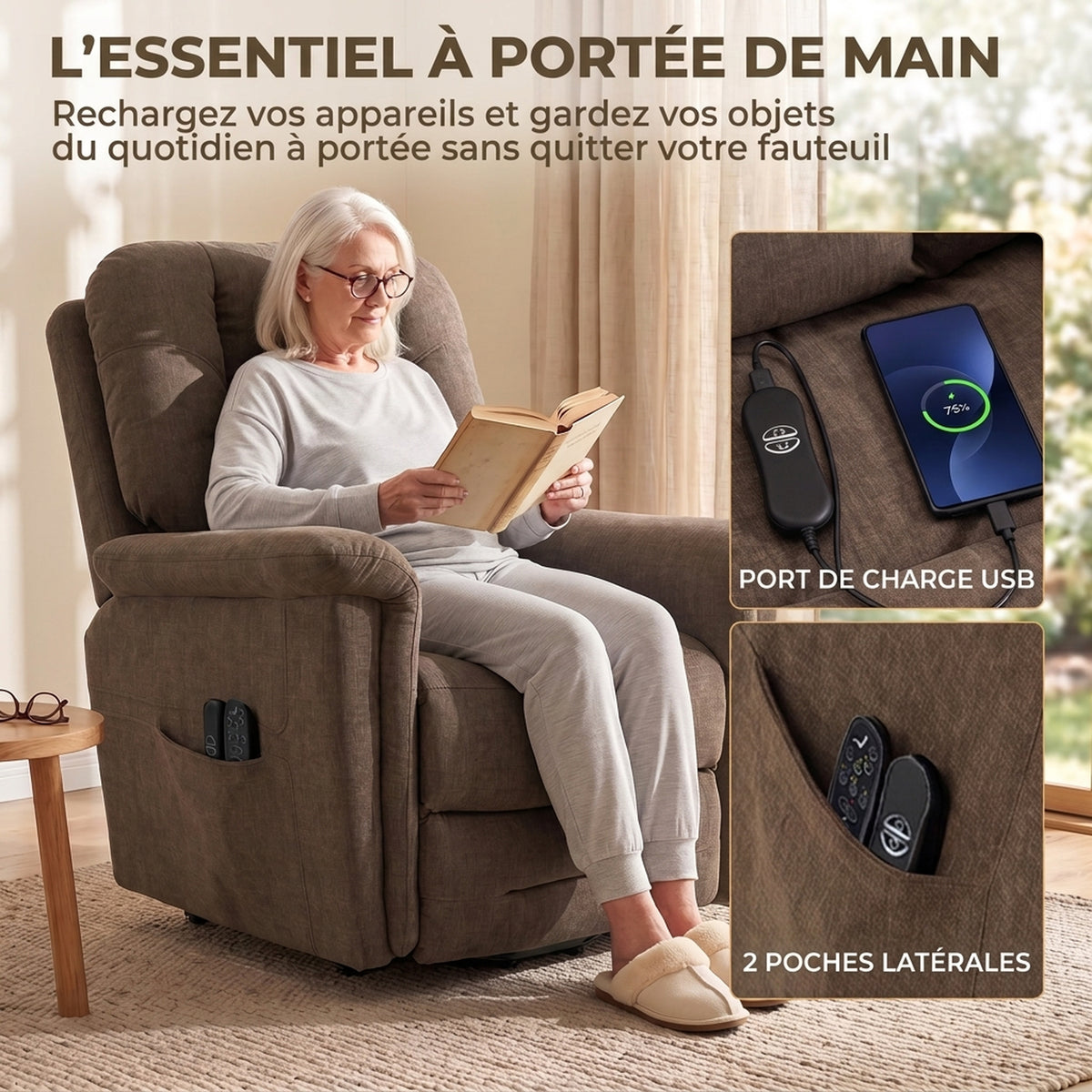 Electric Lift Chair Massage and Heat Electric Recliner Chair Velvet USB Port Reclining Backrest Brown