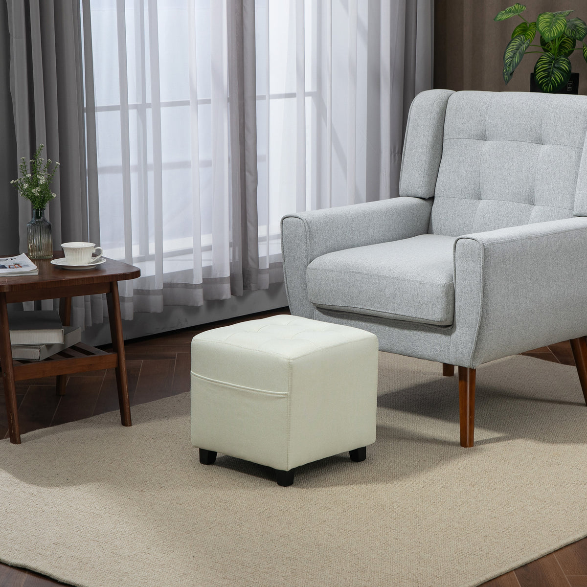Repose pied salon, ottoman, siège rembourré capitonné en tissu aspect lin avec poche latérale, 35 x 35 x 35 cm, crème