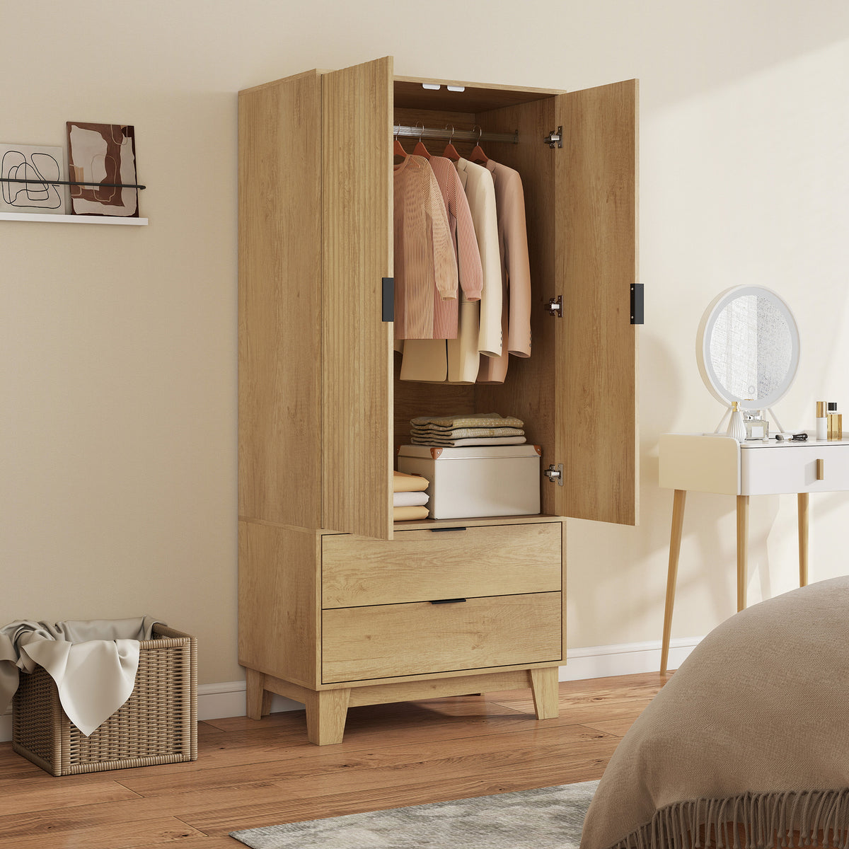 Armoire chambre penderie avec 2 portes à fermeture douce, 2 tiroirs et barre de suspension, 80x50x180cm, bois naturel