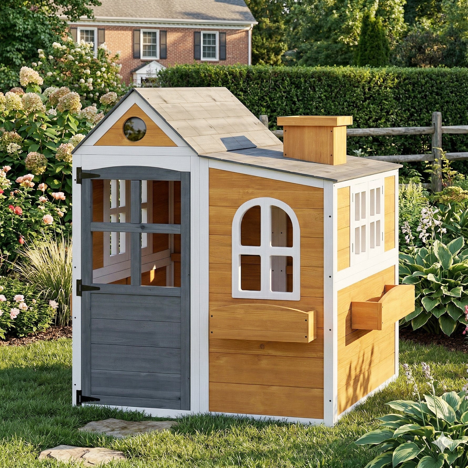 Cabane enfant extérieur en bois, maison enfant extérieure/intérieure avec porte, fenêtres, 3 bacs à fleurs, jaune