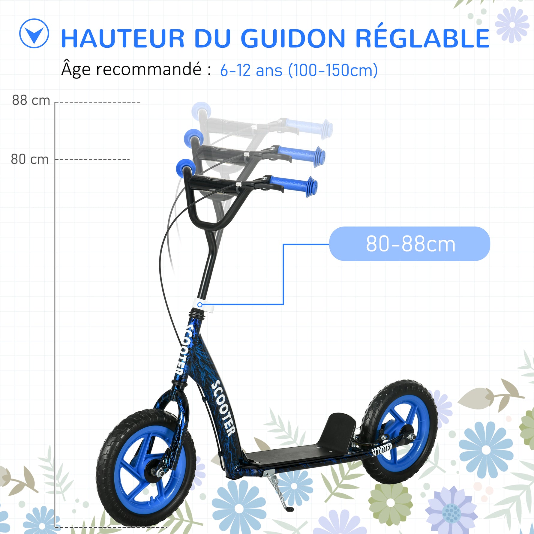 Trottinette patinette scooter enfant grandes roues de 6 à 12 ans hauteur réglable frein arrière béquille bleu