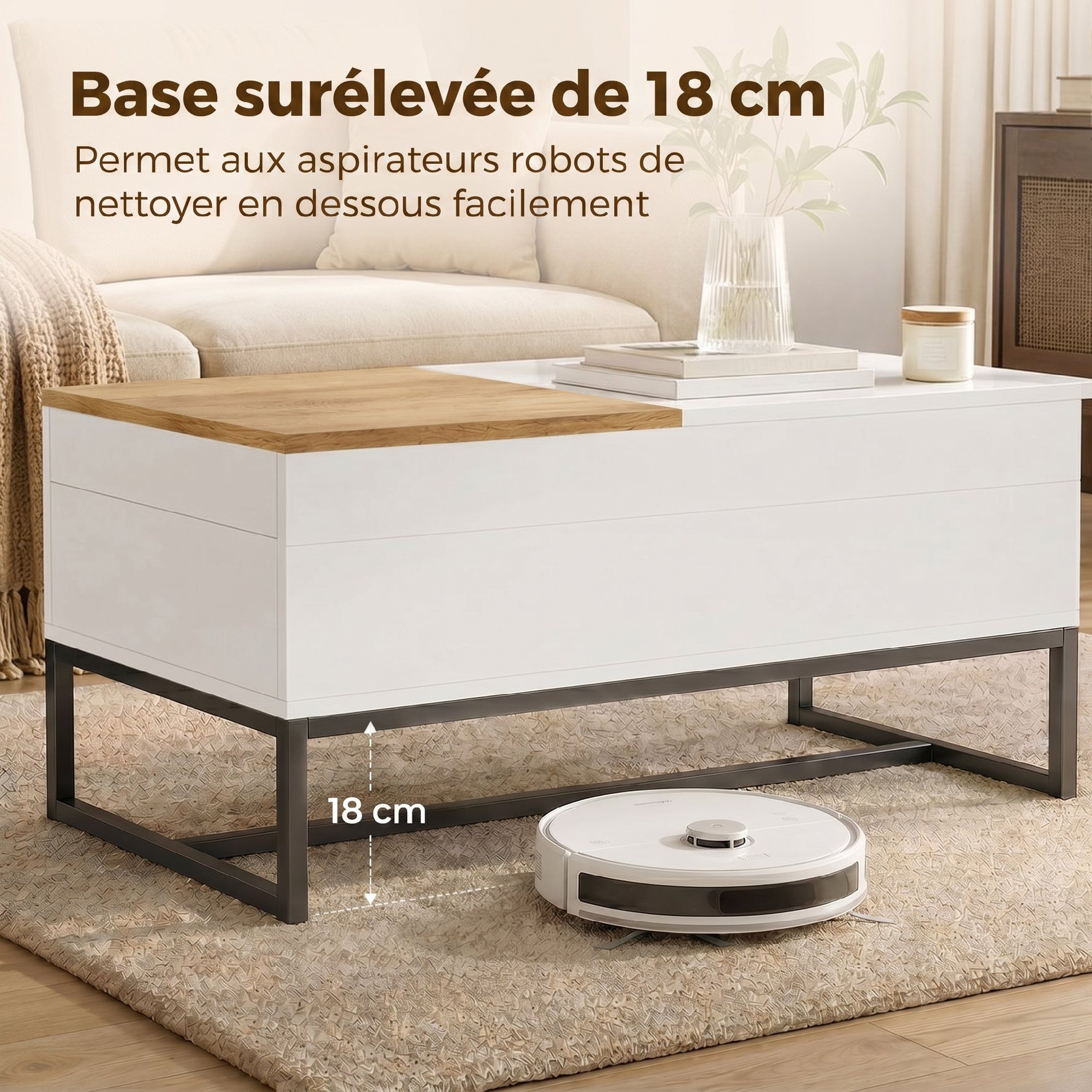 Table Basse Extensible avec Plateau Coulissant, Table de Salon avec Rangement Caché et Pieds en Acier, Blanc