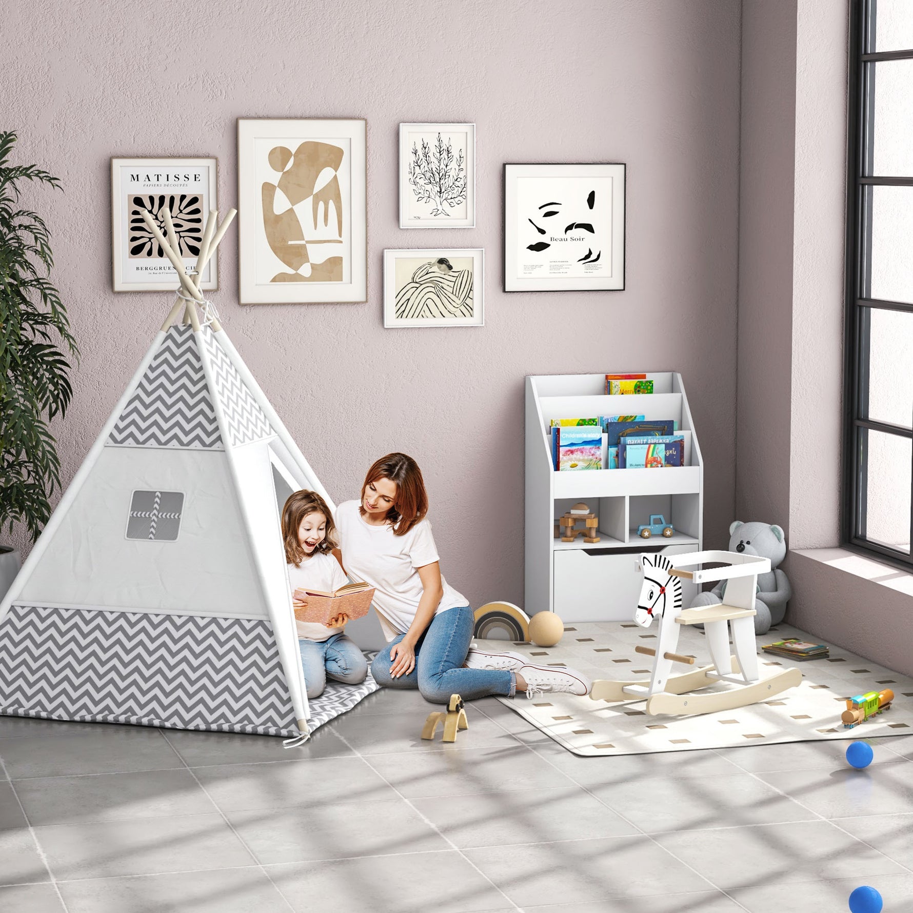 Tente Teepee Indien Tente de jeu pour Enfant Style Graphique - dim. 1,2L x 1,2I x 1,55H m - Porte refermable Fenêtre Tapis Coussin Sac Transport Inclus - à l'Intérieur à l'Extérieur Gris Blanc