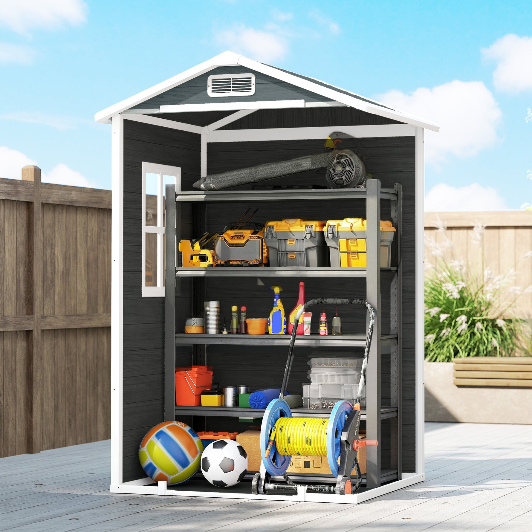 Abri de jardin en plastique avec plancher porte verrouillable fenêtre et ventilation  128 x 104 x196 cm gris