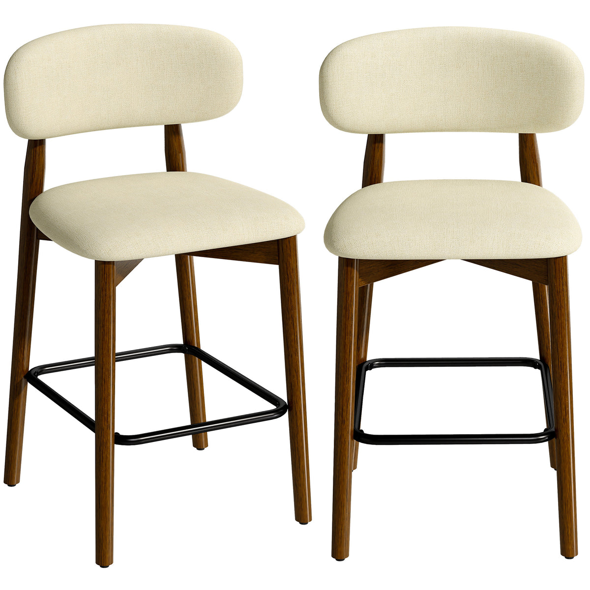 Lot de 2 Tabourets de Bar, Chaises de Bar en Chenille, Assise Rembourrée, Dossier et Repose-Pieds, Pieds en Bois, Beige
